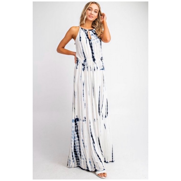 SOLD OUT Boho White & Blue Tie Dye Summer Vacation Long Full Length Maxi Dress - Picture 3 of 8